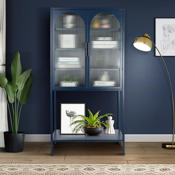 Unbranded Blue Pantry Organizer with 2 Arched Doors Adjustable Shelves and Open Bottom Shelf