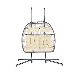 2 Person 720 lbs. Outdoor Rattan Hanging Metal Patio Chair Wicker Egg Chair with with Black Stand and Beige Cushions