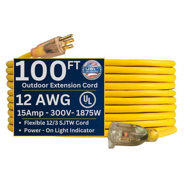 US Wire and Cable USW 12/3 100 ft. Yellow Heavy-Duty Extension Cord with Lighted Plug