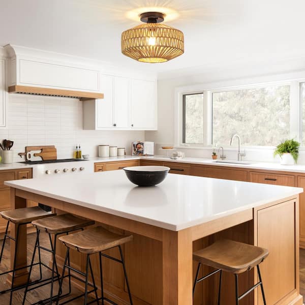 ZJVAIVE 11.82 in. 1-Light Brown Farmhouse Boho Flush Mount Ceiling