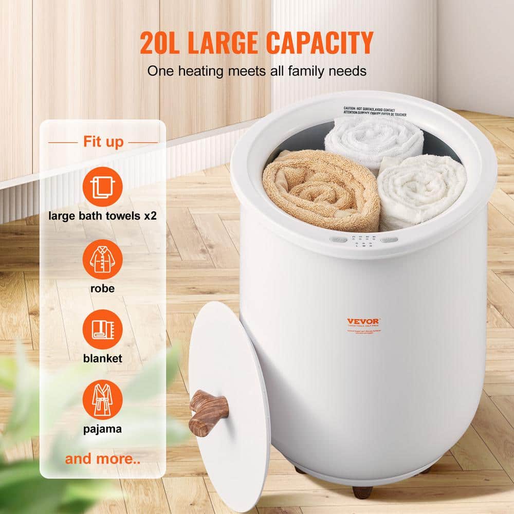 White 20L Freestanding Towel Warmer Bucket with Wood Accents