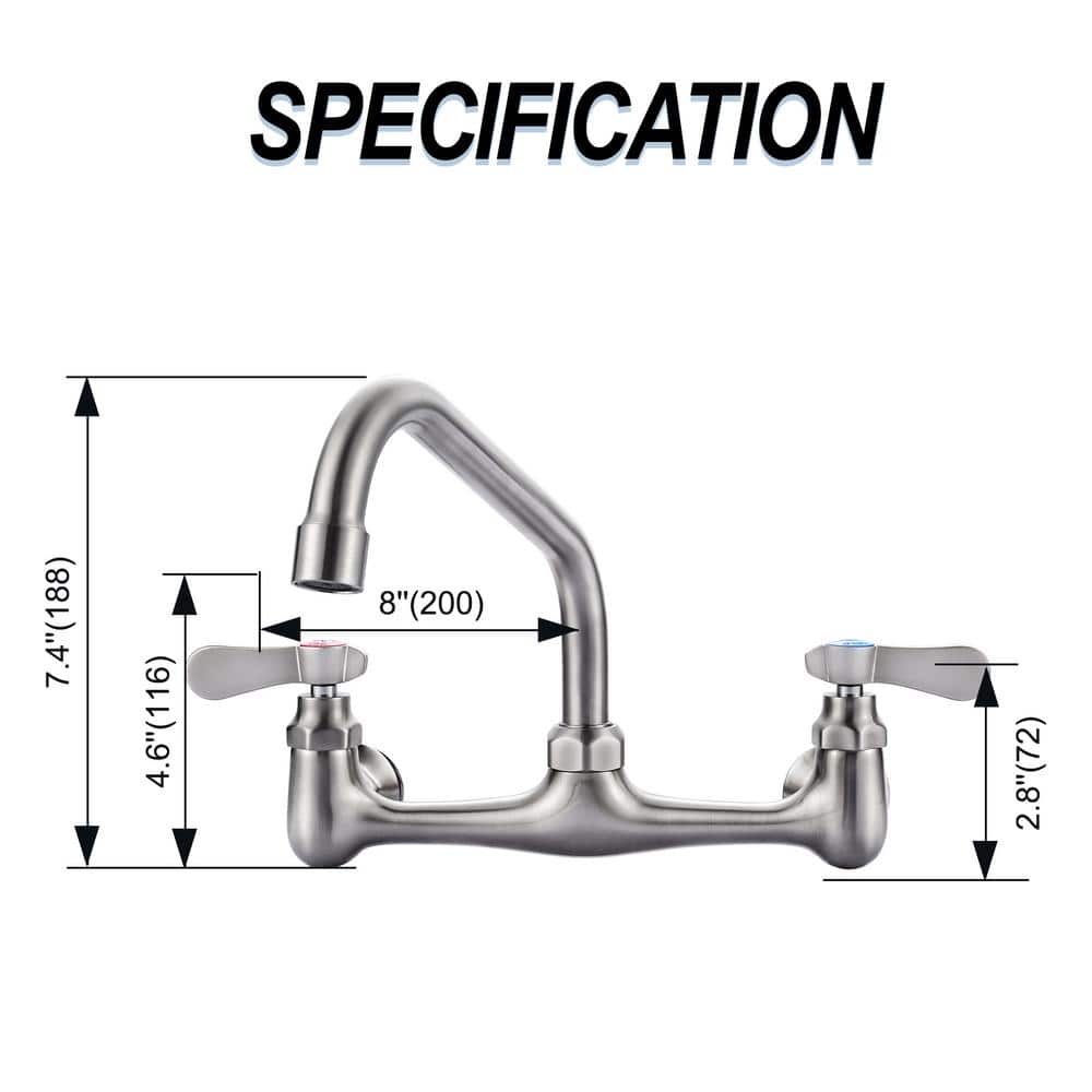 Brushed Nickel 8-Inch Double Handle Wall Mount Faucet