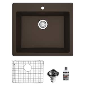 QT- 820 Quartz 25 in. Single Bowl Drop-In Kitchen Sink in Brown with Bottom Grid and Strainer