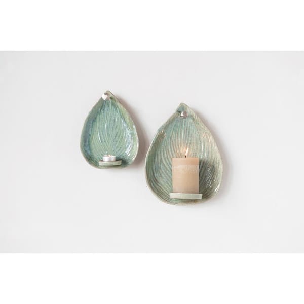 Storied Home Green Reactive Glaze Stoneware Leaf Candle Holder Wall Sconce