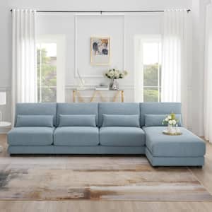 120 in. Armless 5-Piece L Shaped Loop Yarn Fabric Oversized Deep Seat Sectional Sofa with Reversible Chaise in Blue