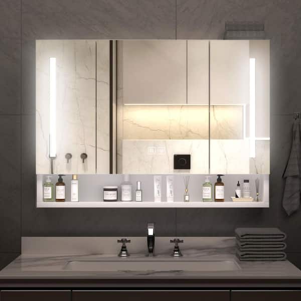 Unbranded 39 in. W x 28 in. H 3-Door Rectangular Aluminum Medicine Cabinet, Bath Storage Cabinet w/ Mirror and LED Lights in White
