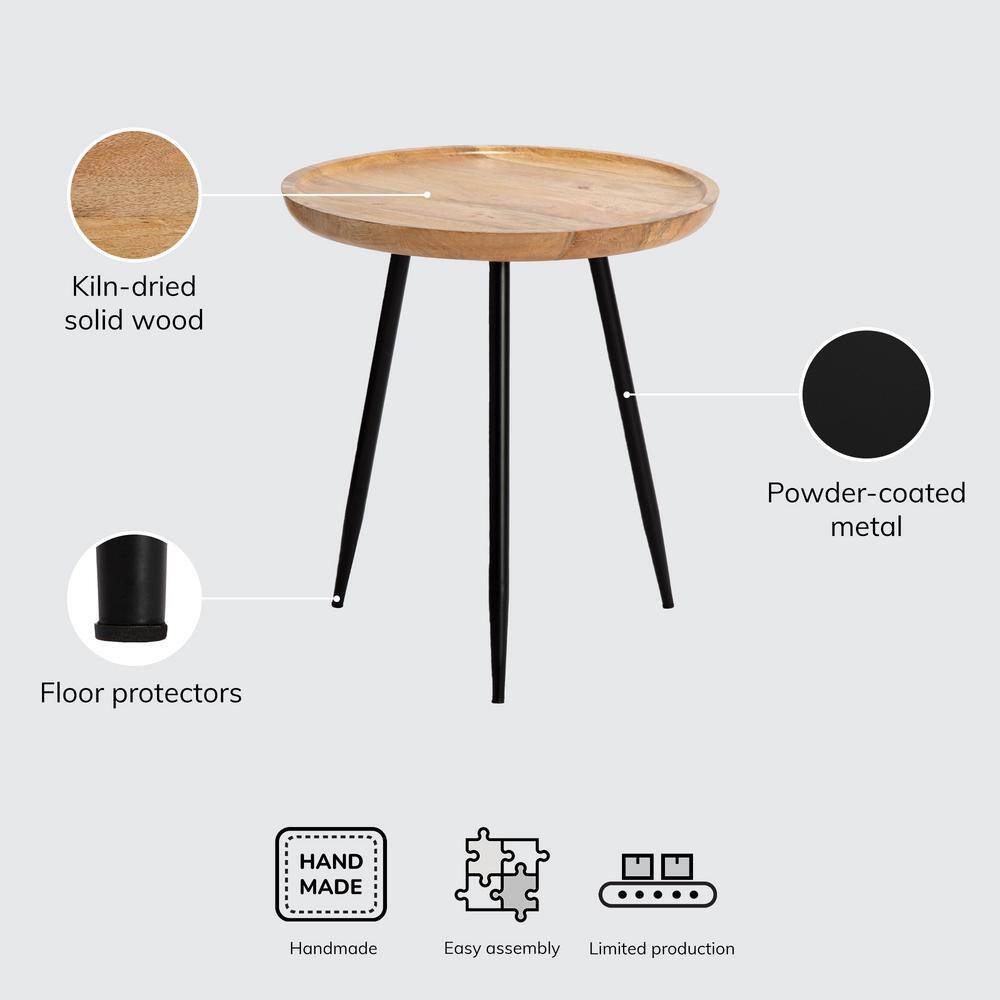 Small Round Black and Natural Wood Metal Side Table