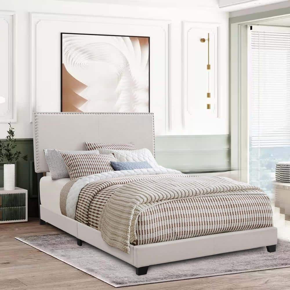 Ivory Upholstered Queen Platform Bed with Nailhead Trim and Wood Frame