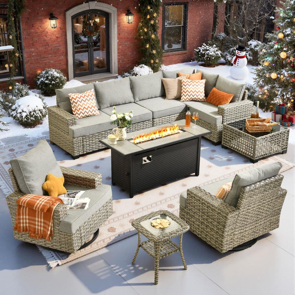 Torino Gray 10-Piece Wicker Outdoor Patio Conversation Sofa Sectional Set with a Metal Fire Pit and Dark Gray Cushions price history on PriceWatchPro