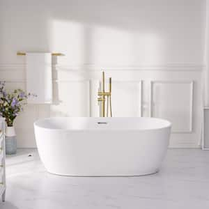 59 in. Oval Pure Virgin Acrylic Flatbottom Freestanding Soaking Bathtub in White with Drain and Overflow Included