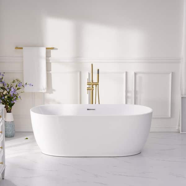 WELLFOR 59 in. Oval Pure Virgin Acrylic Flatbottom Freestanding Soaking Bathtub in White with Drain and Overflow Included