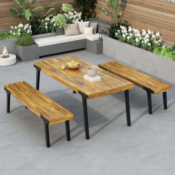 Teak 3-Pieces Wood Outdoor Dining Set, Furniture Set with 2 Bench & 1 ...