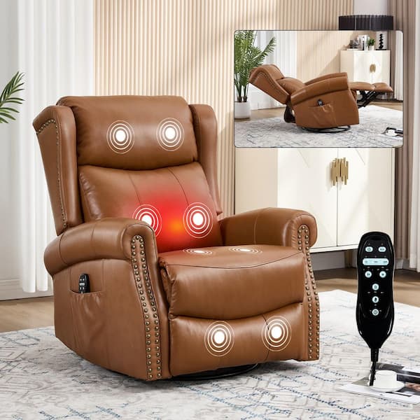 Deep Caramel Genuine Leather Manual Swivel Glider Recliner Chair with Massage and Heat, Nailhead Trim, Side Pocket
