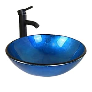 Solid Tempered Glass Round Bathroom Vessel Sink in Blue with Oil Rubbed Bronze Faucet and Chrome Pop-Up Drain