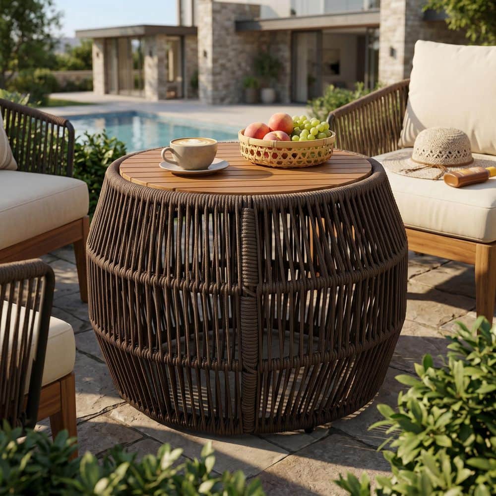 Zinnia Grey and Teak Finish Round Rope Woven Patio Outdoor Side Table with Wood Top and Steel Frame price history on PriceWatchPro