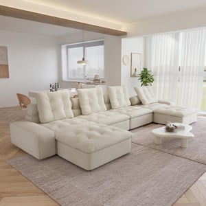 181 in Wide Square Arm Velvet U Shaped Sofa Couch with Removable Ottoman in. Beige