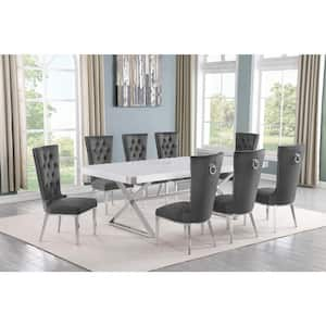 Miguel 9-Piece Rectangle White Wood Top Silver Stainless Steel Dining Set with 8 Dark Grey Velvet Chairs