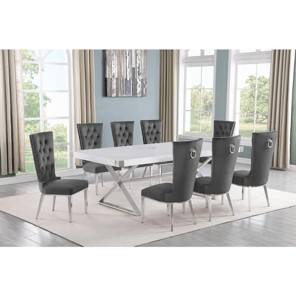Best Quality Furniture Miguel 9-Piece Rectangle White Wood Top Silver Stainless Steel Dining Set with 8 Dark Grey Velvet Chairs
