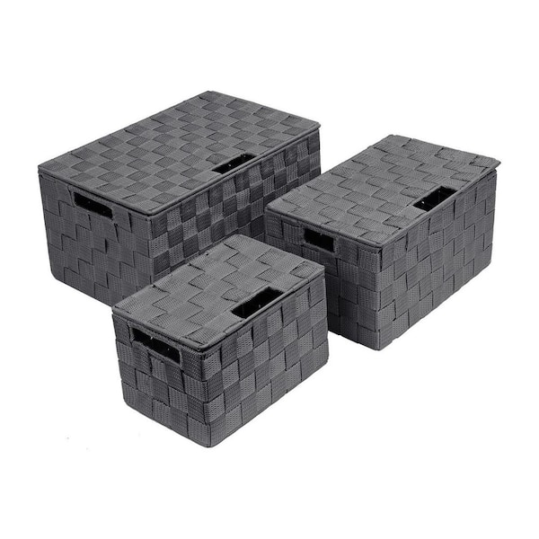 Unbranded Gray 13.5 in. x 6.8 in. Polypropylene Decorative Basket Set of 3 with Lid and Handles