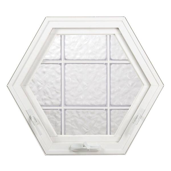 Hy-Lite 42.75 in. x37 in.Glacier Pattern 8 in.Acrylic Block Tan Vinyl Fin Hexagon Awning Window Tan Silicone&Screen-DISCONTINUED