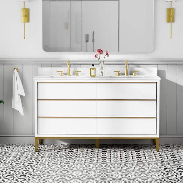 60 in. Freestanding Undermount Double Sink White Bath Vanity with White Quartz Top