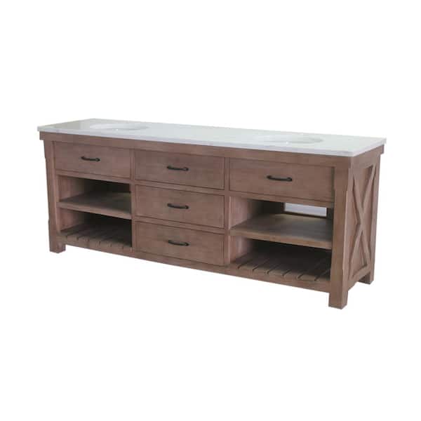 Unbranded Deluxe 84 in. W x 22 in. D x 34 in. H Double Sink Freestanding Bath Vanity in Natural Wood with White Marble Top
