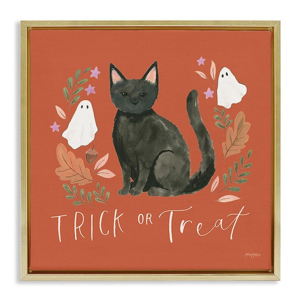 Stupell Industries Trick Or Treat Cat by Jenaya Jackson 1 Piece Floater Frame Graphic Print Typography Poster Art Print 18 in. x 18 in.
