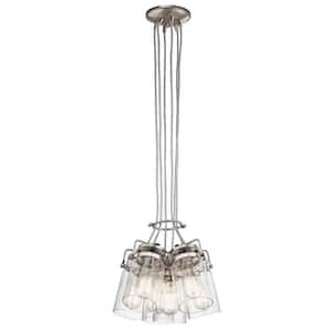 Brinley 6-Light Brushed Nickel Vintage Industrial Shaded Kitchen Pendant Hanging Light with Clear Glass