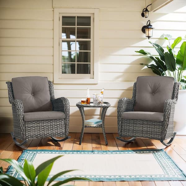 Opohoro ArcoBay 3-Piece Gray Wicker Outdoor Rocking Chairs Patio Conversation Set with Gray Cushions and Side Table