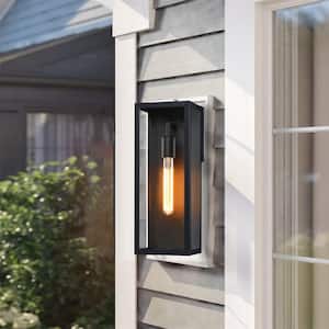 Cali 1-Light 16 in. Outdoor Dusk-To-Dawn Sensor Wall Lantern with Matte Black Finish and Clear Glass Shade