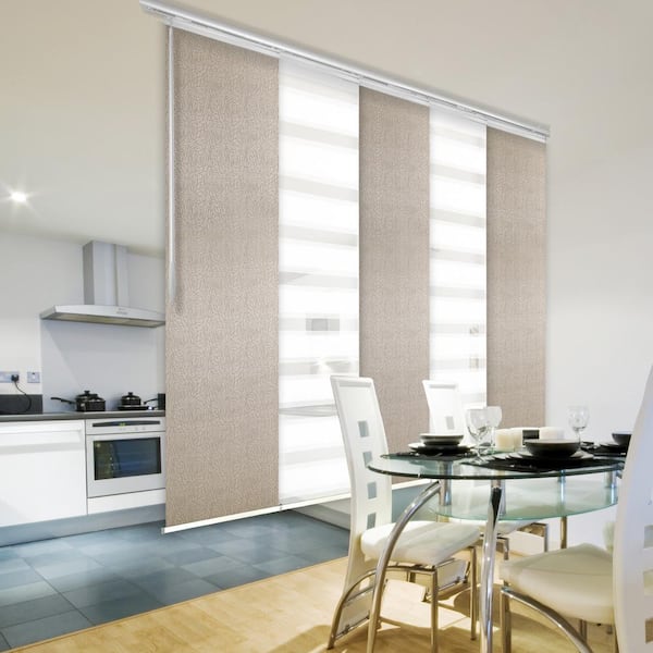 EMOH Gleaming Wheat 58 in. - 110 in. W x 94 in. L Adjustable 5- Panel White Single Rail Panel Track with 23.5 in. Slates
