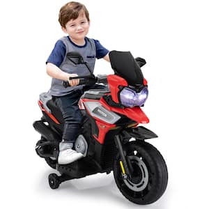 12-Volt Ride On Motorcycle Electric Dirt Bike for Kids with Training Wheels/Music Player/Headlights Red