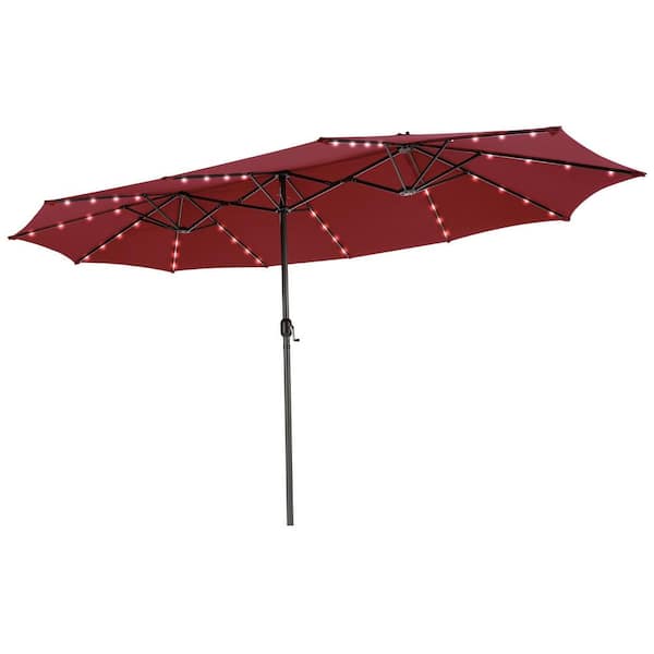 WELLFOR 15 ft. Steel Twin Market Solar Patio Umbrella with 48 LED Lights in Red