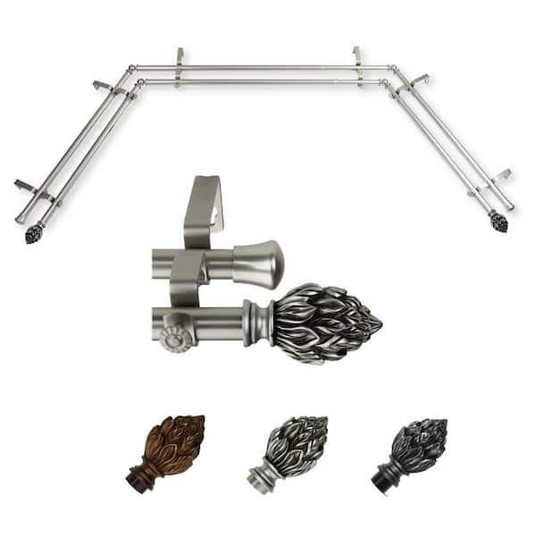 EMOH 13/16" Dia Adjustable 20"-36", 38"-72" Bay Window Double Curtain Rod with Julia Finials in Satin Nickel