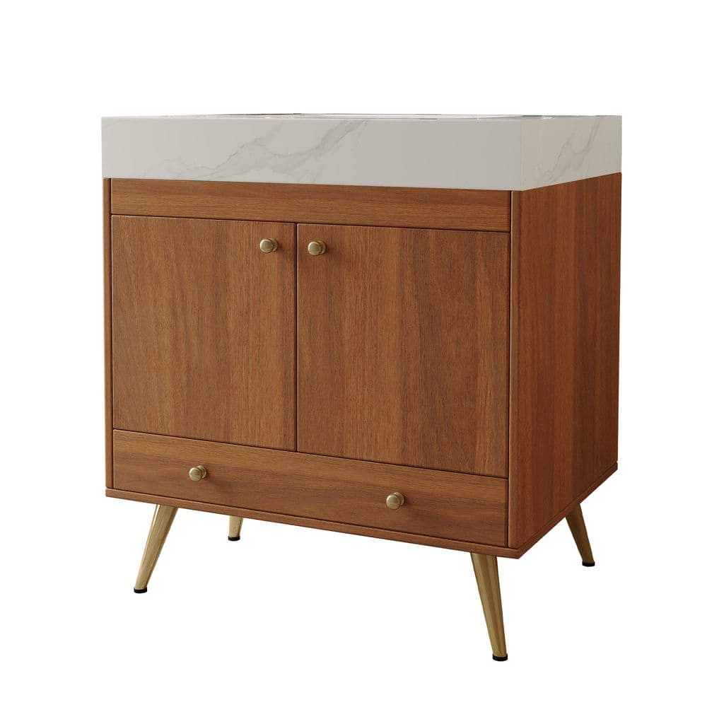 30 in. Freestanding Walnut Bath Vanity with White Sintered Stone Top and White Ceramic Sink