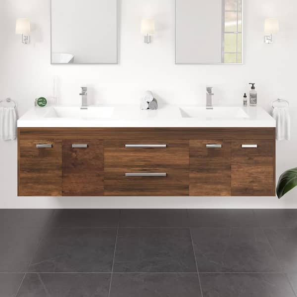 Lugano 72 in. Double Sink Floating Rosewood Bath Vanity with White Acrylic Top (Assembled)