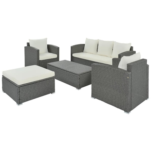 cenadinz 5-Piece Wicker Patio Conversation Set with Beige Cushions