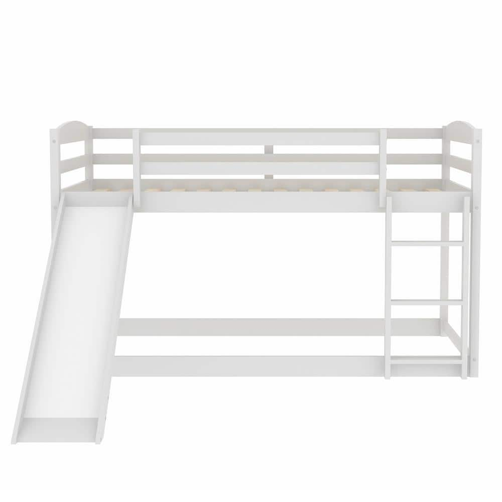 White Twin Over Twin with Slide and Ladder, Low Floor Wood Kids Bunk Bed, No Box Spring Need -  ANBAZAR, 00817ANNA