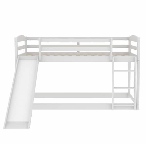 ANBAZAR White Twin Over Twin with Slide and Ladder, Low Floor Wood Kids Bunk Bed, No Box Spring Need