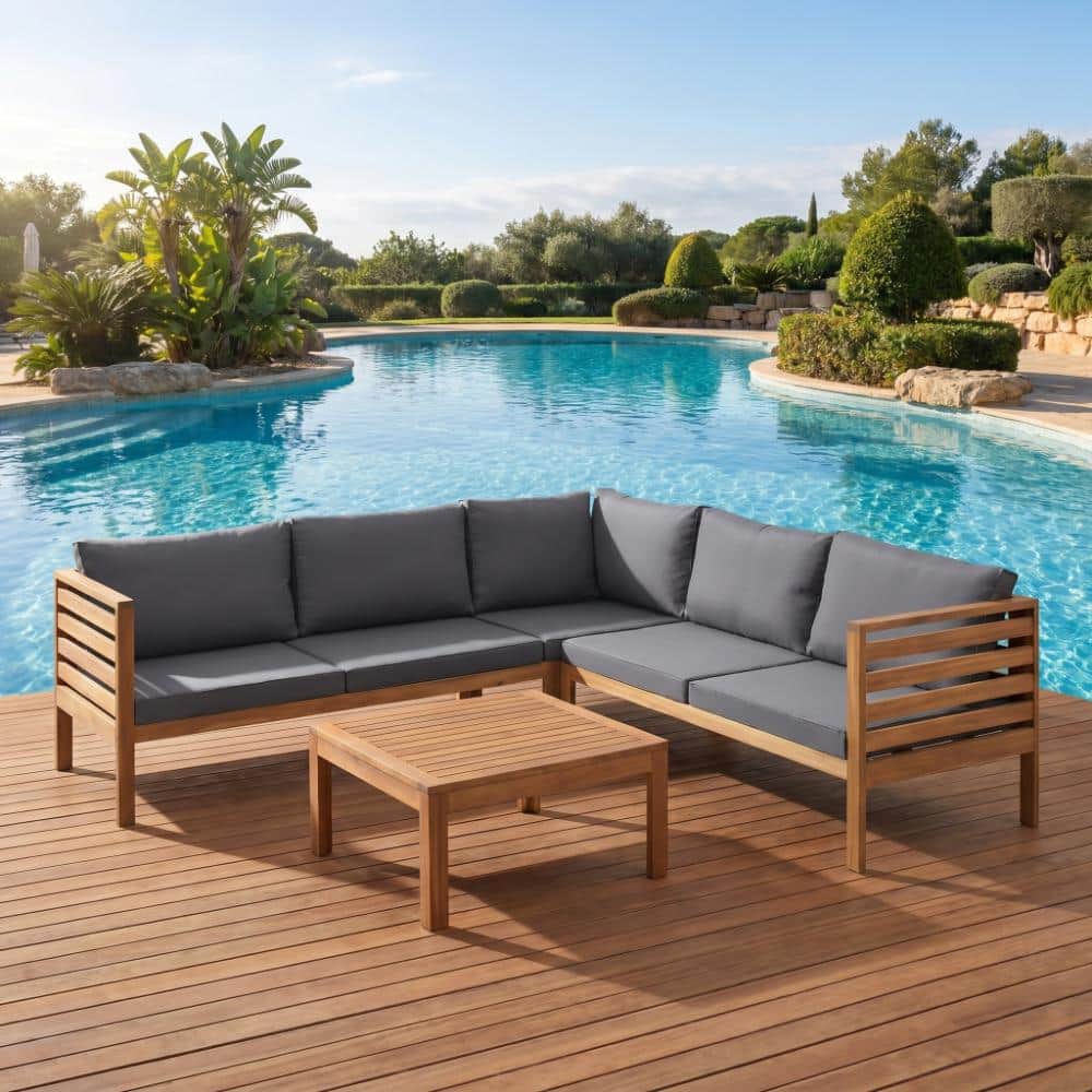 Exotic 4-Piece Brown Acacia Wood Outdoor Patio Conservation Sectional Sofa Set with Removable Gray Cushion price history on PriceWatchPro