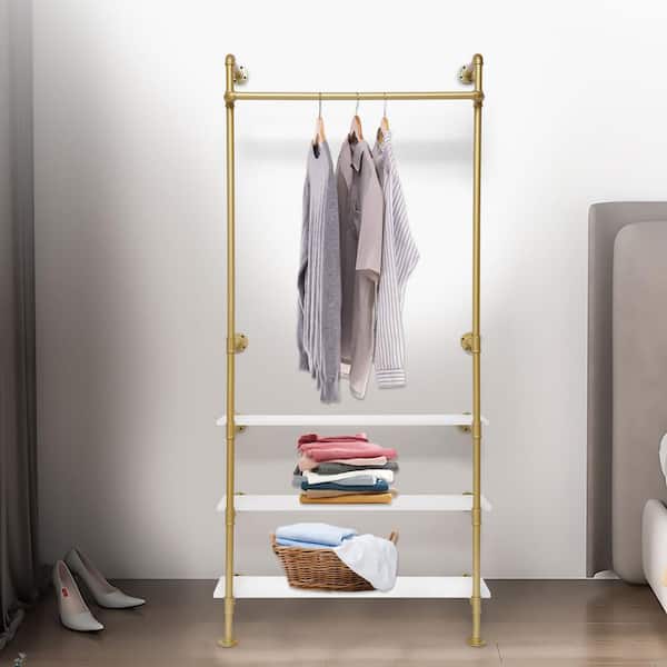 Gold Wall Mounted Iron Clothes Rack with 3 Wood Shelves 36.6 in. W x 78.74 in. H