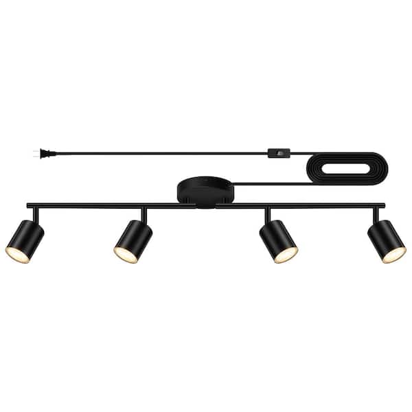 4-Light Black Plug-In Track Lighting Kit, Adjustable GU10 Spotlights with 14.8 ft Cord for Indoor Rooms