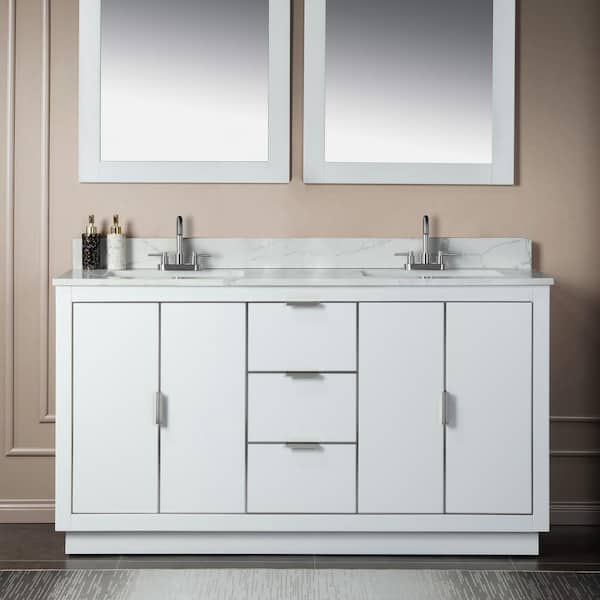WOODBRIDGE Venice 61 in. W x 22 in. D x 38 in. H Bath Vanity in White with Fish Belly Engineered Marble Top with White Basin