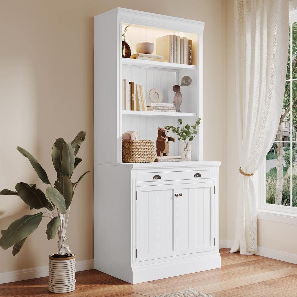 Harper & Bright Designs 83.4 in. Tall White Wood Accent Standard Bookcase  with Adjustable Shelf, Doors, Storage Drawer, LED Light ZJR002AAK - The  Home 