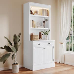 83.4 in. Tall White Wood Accent Standard Bookcase with Adjustable Shelf, Doors, Storage Drawer, LED Light