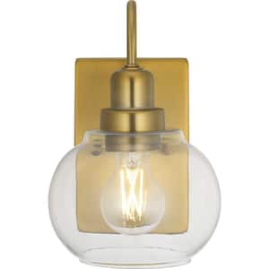 Halyn 4.5 in. 1-Light Vintage Brass Indoor Wall Sconce with Clear Glass Shade