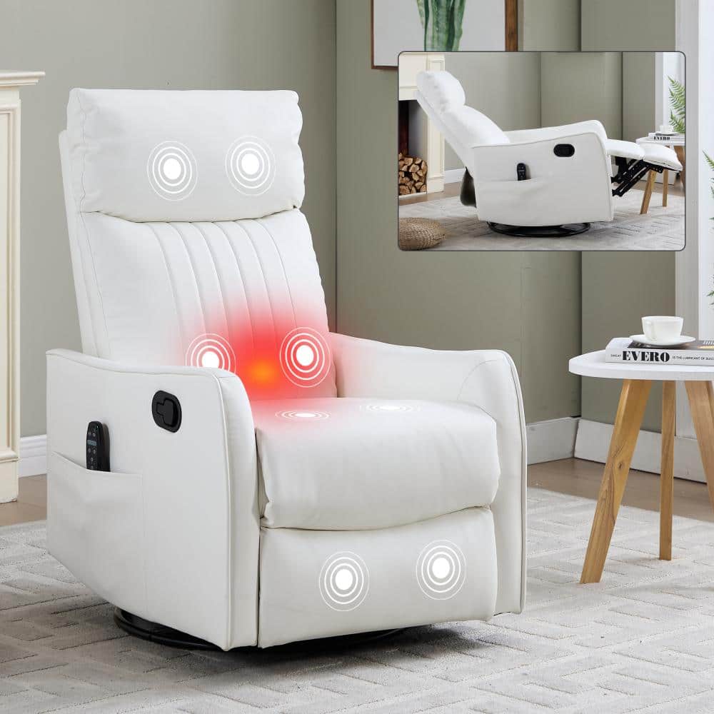 White PU Leather Manual Recliner with Heat, Rocker and Swivel