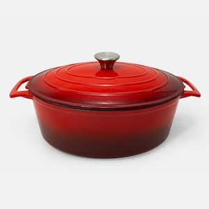 6 Qt Oval Cast Iron Casserole Pan and Lid with Red Enamel Coating