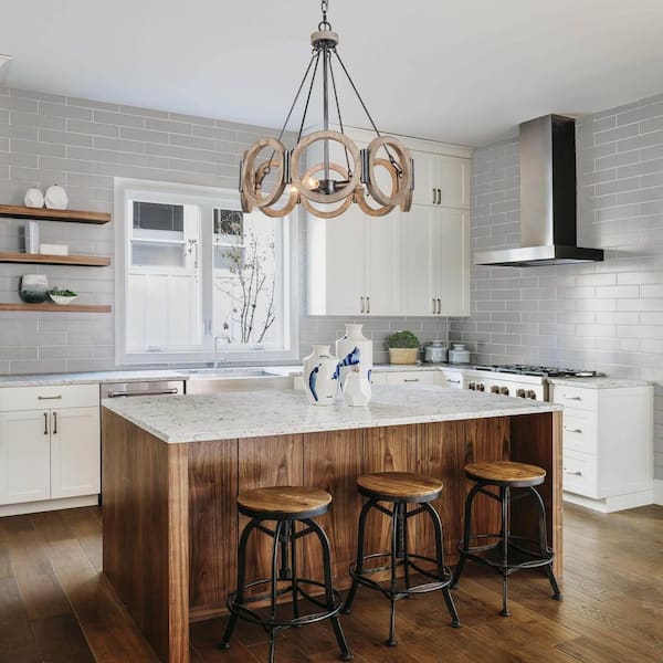 LNC Farmhouse Geometric Drum Weathered Wood Chandelier, 4