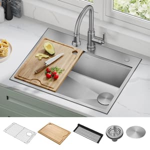 Kore Drop-In/Undermount 16-Gauge Stainless Steel 28 in. Single Bowl Workstation Kitchen Sink with Accessories